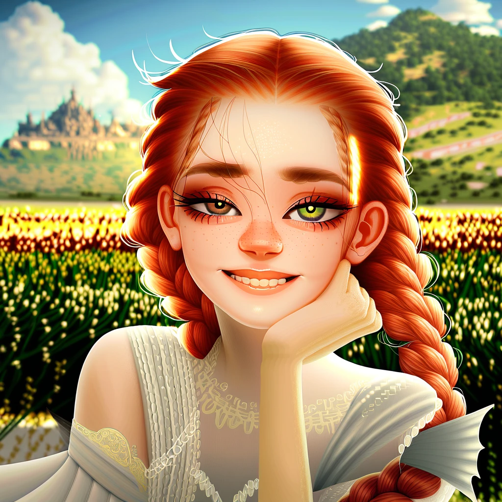 portrait of a stunning young redhead woman looking at camera,braids,very happy gaze,dimples,flirt,cute gummy smile with nose wrinkles,shy,her hand holding chin,attractive features,expressive eyes,perfect face,makeup enhancements,fancy dress, shoulder,sunny landscape in background,striking photorealism,trending on artstation,featured on pixiv,cinematic composition,dynamic pose,beautiful lighting,sharp,details,hyper-detailed,Sony/Zeiss 90mm,f/2.8,shutter speed of 1/500s,WLOP,HDR,32k,masterpiece,best quality