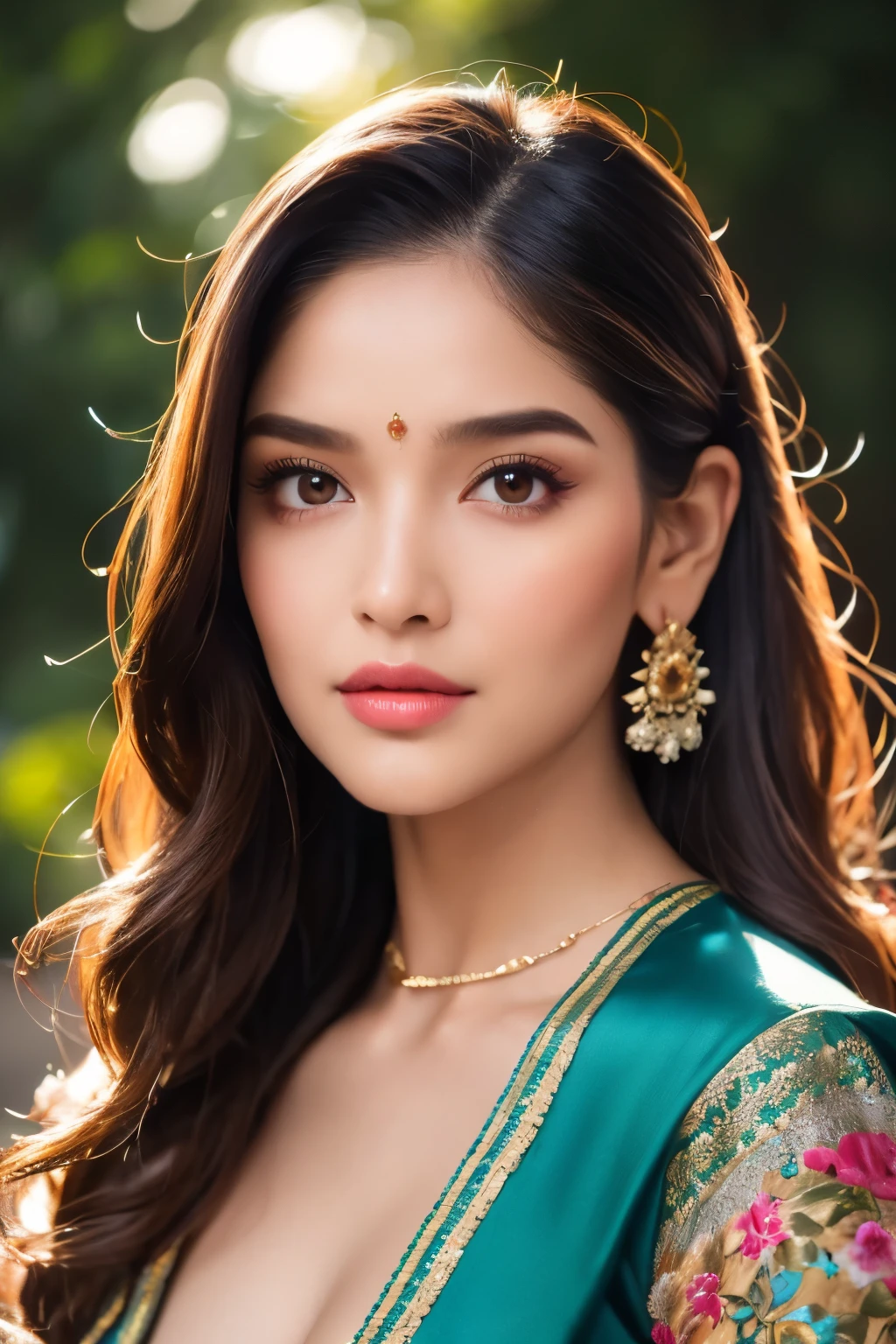 (highest resolution, distinct_image) Best quality, single person, one woman, solo, masterpiece, highly detailed, hyper realistic, uhd:1.3, RAW photo, intricately detailed, (best quality, 4k, 8k, highres, masterpiece:1.2), ultra detailed, (realistic, photorealistic), (1 indian woman,18-year-old). perfect body, slender but curvy, pale skin:1.2, smooth skin, very detailed and natural medium breasts, deep neckline, BREAK, ((Fujicolor, daytime soft lighting), fashion supermodel, (long luscious shinning hair), curls, (very detailed glossy lips), (very detailed glossy and expressive eyes), (detailed sharp nose), . BREAK, (soft_makeup:1.25). BREAK, ((Detailed decoration:1.3)), dynamic pose, (wearing beautiful silk saree:1.2), matching blose, earrings and necklace, soft makeup, night time, perfect lighting, cinematic colour grading, extremely detailed surroundings, ((head to waist portrait: 1.33))