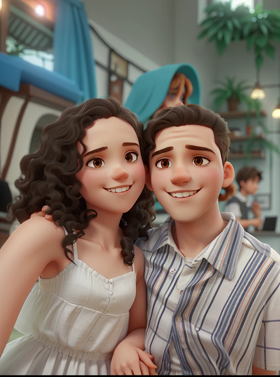  long curly hair girl in a white dress and short hair boy, hugging each other, looking at the photo