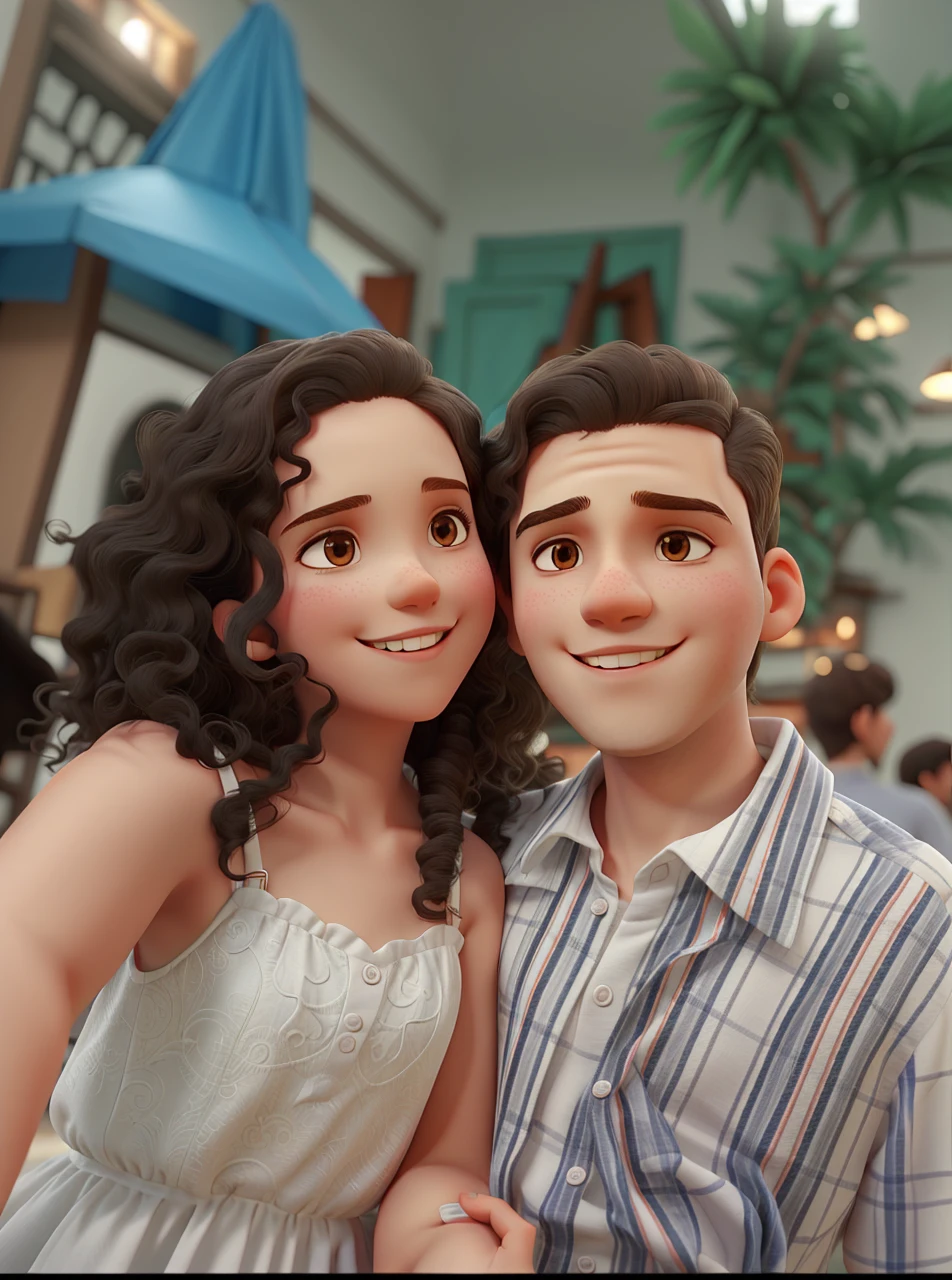  long curly hair girl in a white dress and short hair boy, hugging each other, looking at the photo
