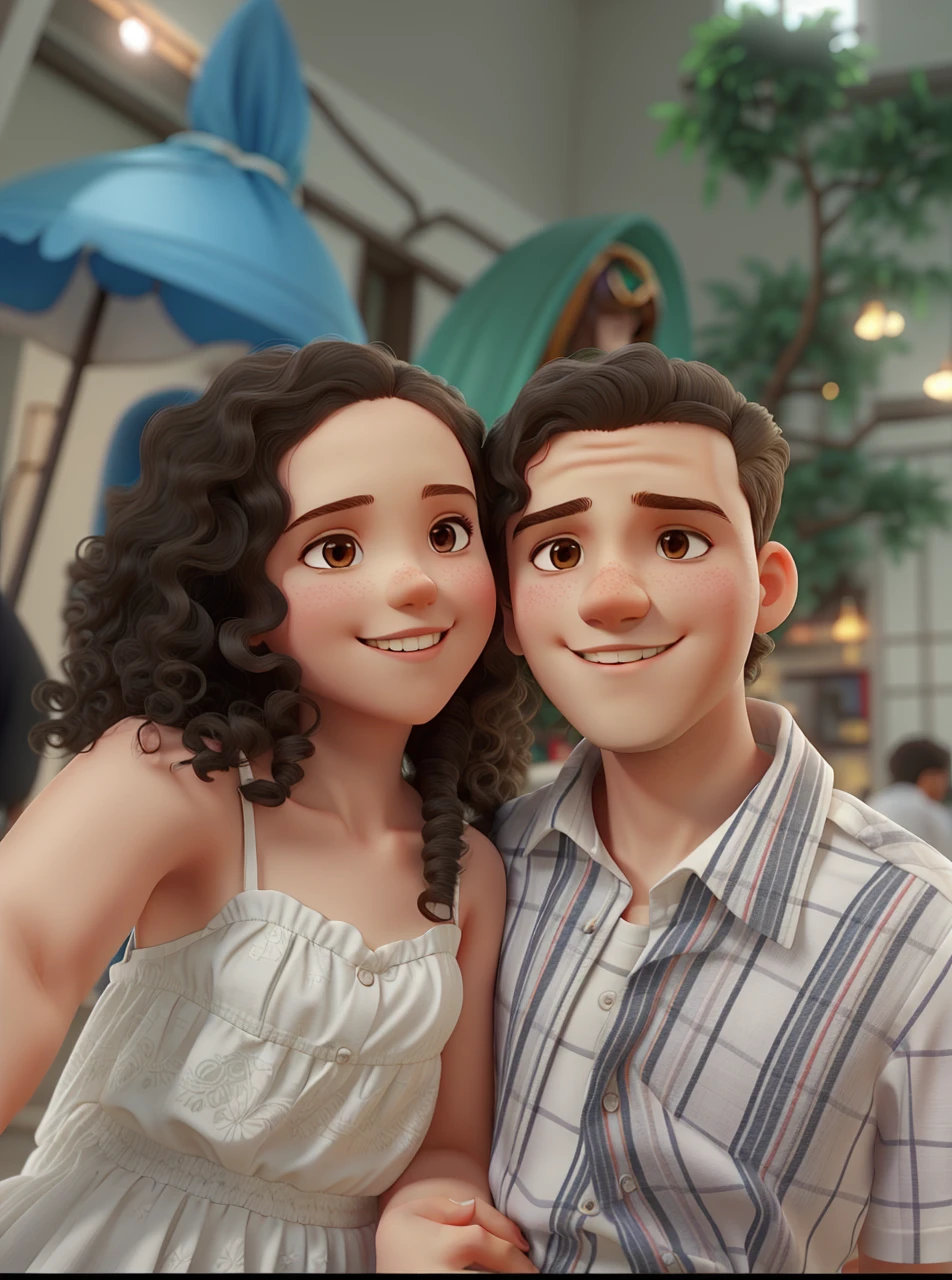 long curly hair girl in a white dress and short hair boy, hugging each other, looking at the photo