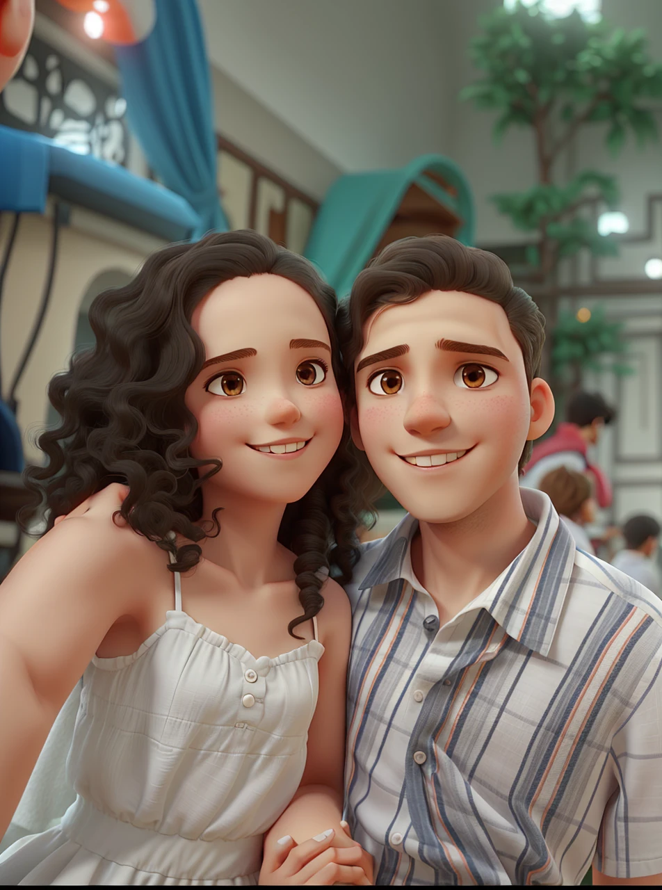 long curly hair girl in a white dress and short hair boy, hugging each other, looking at the photo