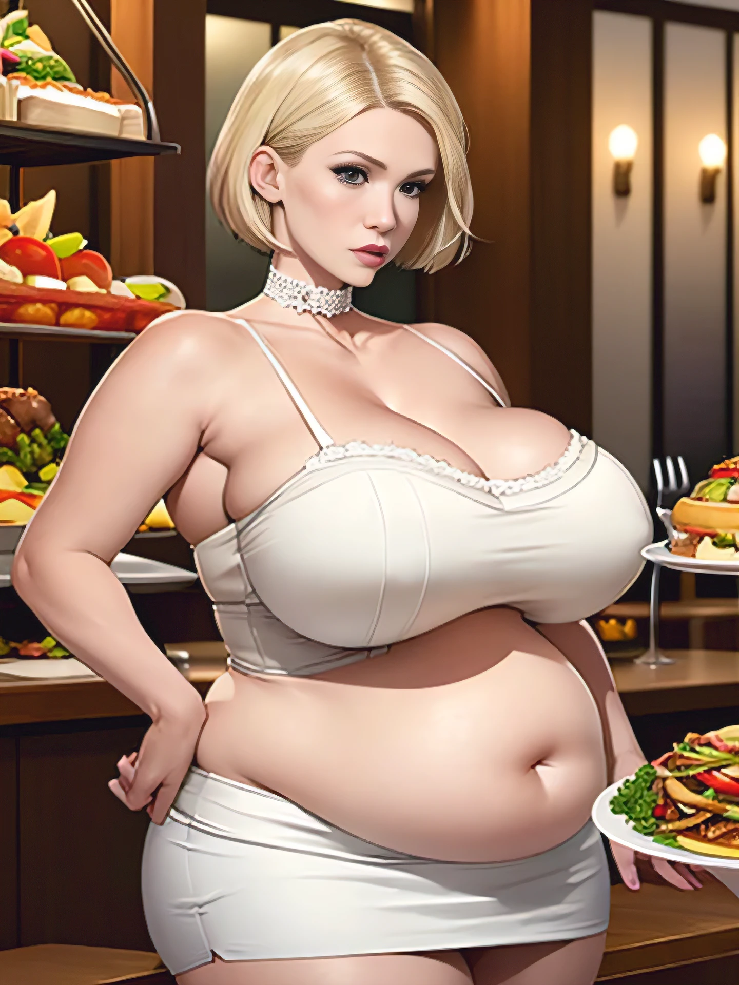 January Jones, masterpiece quality, (masterpiece quality:1.3), detailed, realistic, (realistic:1.3), in a busy restaurant, lots of food in background, food everywhere, buffet table in background, short hair, platinum hair, wearing white dress, (white dress:1.5), covered belly, short skirt, wearing choker collar, big breasts, (big breasts:1.2), chubby body, chubby belly, (chubby belly:1.2),