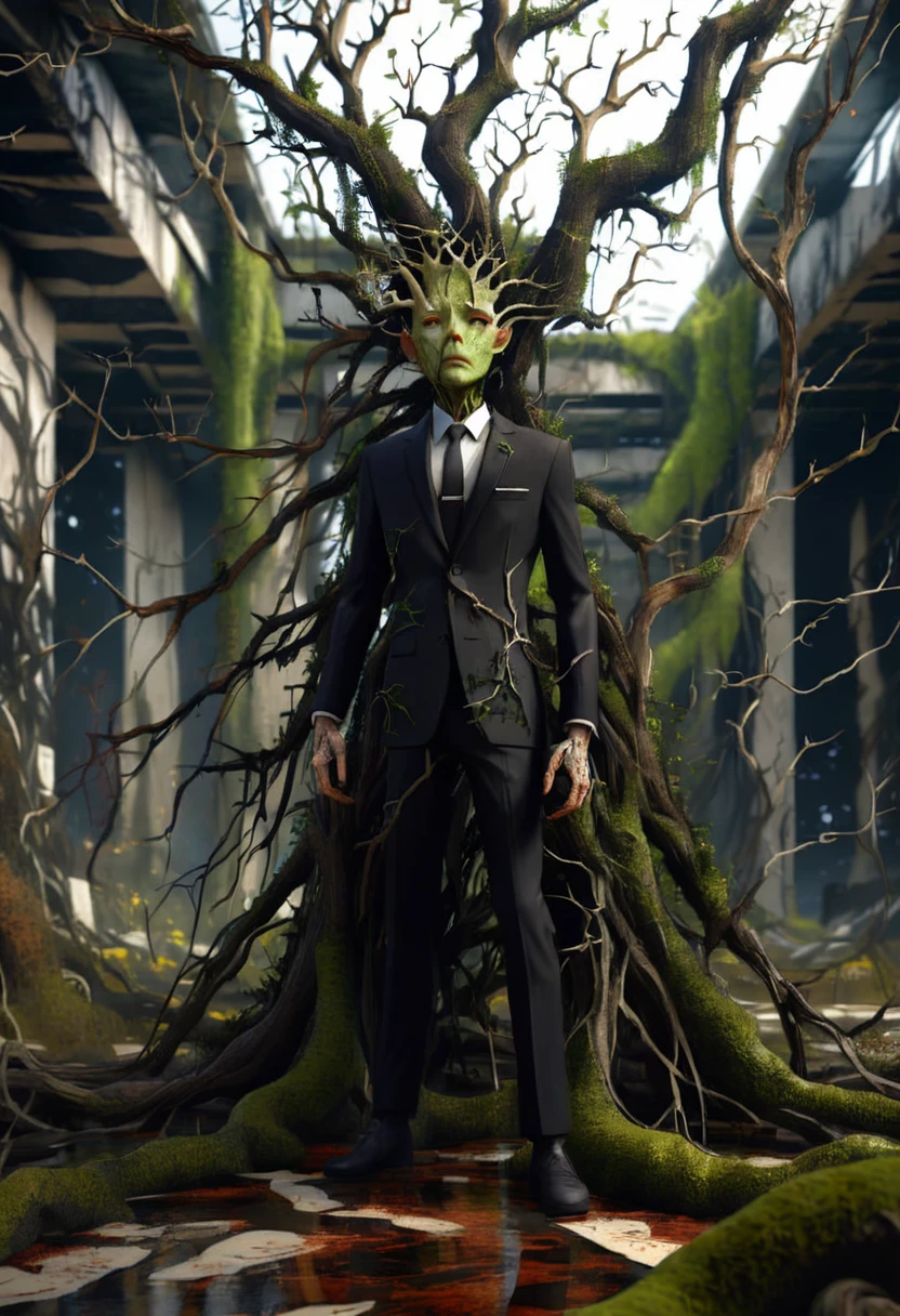 Bioengineered human-tree hybrid,look at viewer,Tangled branches for hair,bark surface,tree face,bark face,สวมใส่ชุดBlack suit,ชุดBlack suit,Black suit,leaves spring from the body,Standing in the desolate ruins,There is moss and vines.,ultra realistic,high resolution,depth of field,about beauty,Product introduction images,wear a suit