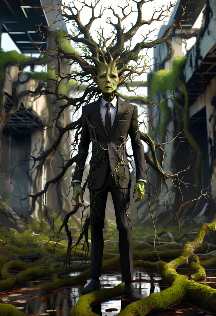 Bioengineered human-tree hybrid,look at viewer,Tangled branches for hair,bark surface,tree face,bark face,สวมใส่ชุดBlack suit,ชุดBlack suit,Black suit,leaves spring from the body,Standing in the desolate ruins,There is moss and vines.,ultra realistic,high resolution,depth of field,about beauty,Product introduction images,wear a suit