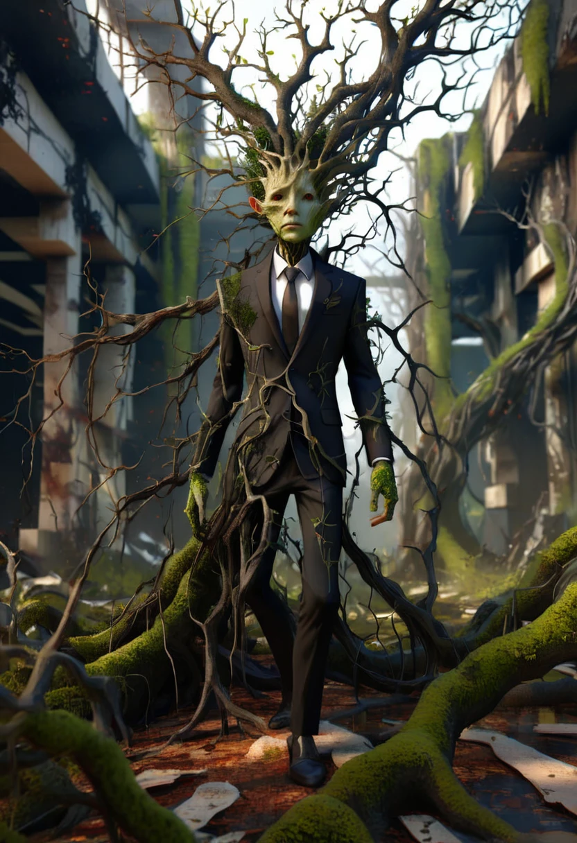 Bioengineered human-tree hybrid,look at viewer,Tangled branches for hair,bark surface,tree face,bark face,สวมใส่ชุดBlack suit,ชุดBlack suit,Black suit,leaves spring from the body,Standing in the desolate ruins,There is moss and vines.,ultra realistic,high resolution,depth of field,about beauty,Product introduction images,wear a suit