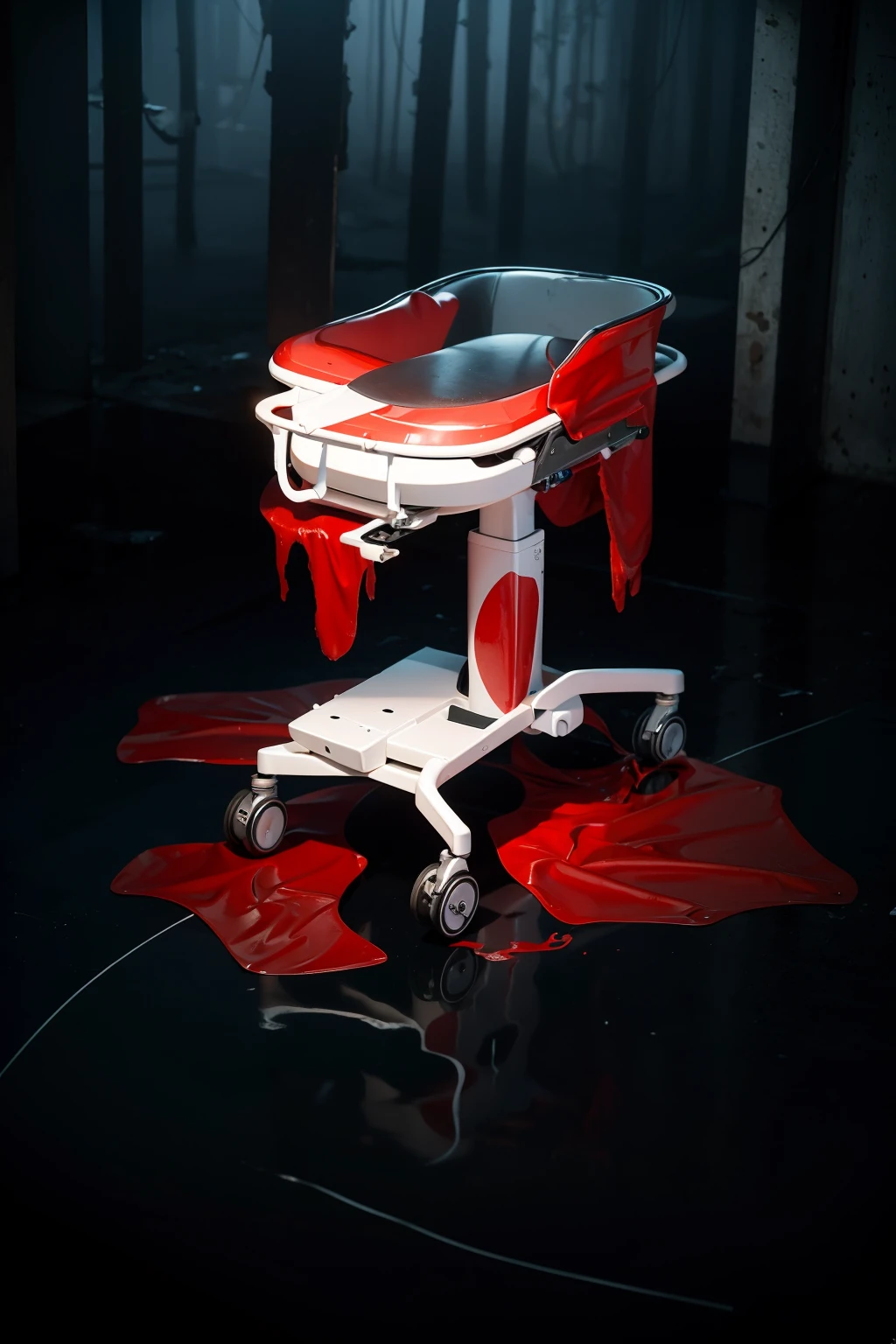 The image features a surgical or examination table, starkly white, with blood vividly splattered across its surface. The blood drips downward from the edges of the table, forming sinister pools on the reflective floor beneath. This grim scene is set in a dimly lit environment, amplifying the eerie and unsettling atmosphere. The depiction of flowing blood and accumulating puddles intensifies the sense of horror in the scene.