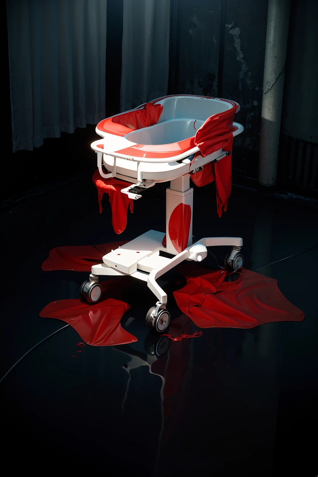 The image features a surgical or examination table, starkly white, with blood vividly splattered across its surface. The blood drips downward from the edges of the table, forming sinister pools on the reflective floor beneath. This grim scene is set in a dimly lit environment, amplifying the eerie and unsettling atmosphere. The depiction of flowing blood and accumulating puddles intensifies the sense of horror in the scene.