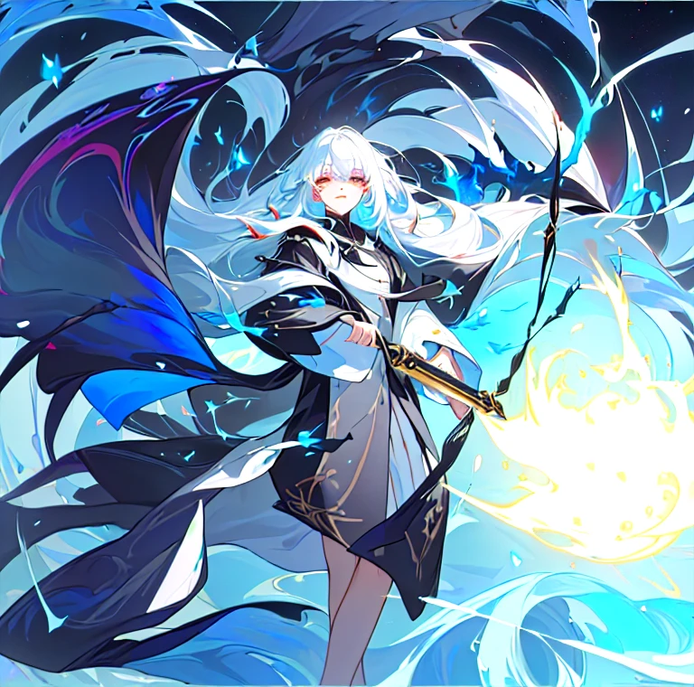 White hair，Exquisite eye makeup，Vermilion eyes，Fantasy style，Complex composition，Floating long hair，Seven colors，luster，Liquid explosion，Elegant black robe，Black tunic，Streamer，color，Records of the World，Thunder and Fire Spell，Good at magic，masterpiece，Best picture quality，Higher quality，High Detail，Ultra-high resolution，