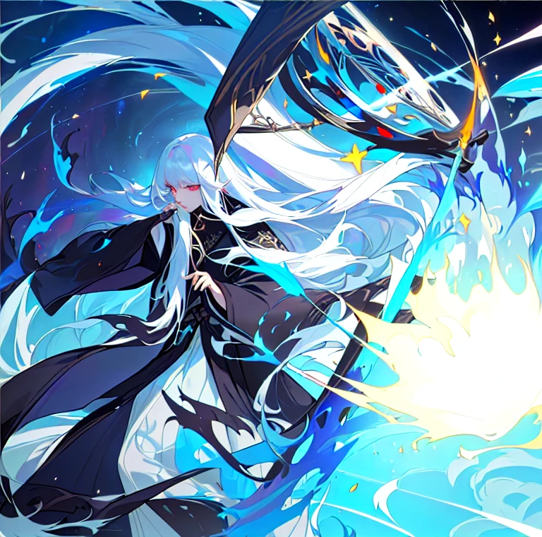 White hair,Exquisite eye makeup,Vermilion eyes,Fantasy style,Complex composition,Floating long hair,Seven colors,luster,Liquid explosion,Elegant black robe,Black tunic,Streamer,color,Records of the World,Thunder and Fire Spell,Good at magic,masterpiece,Best picture quality,Higher quality,High Detail,Ultra-high resolution,