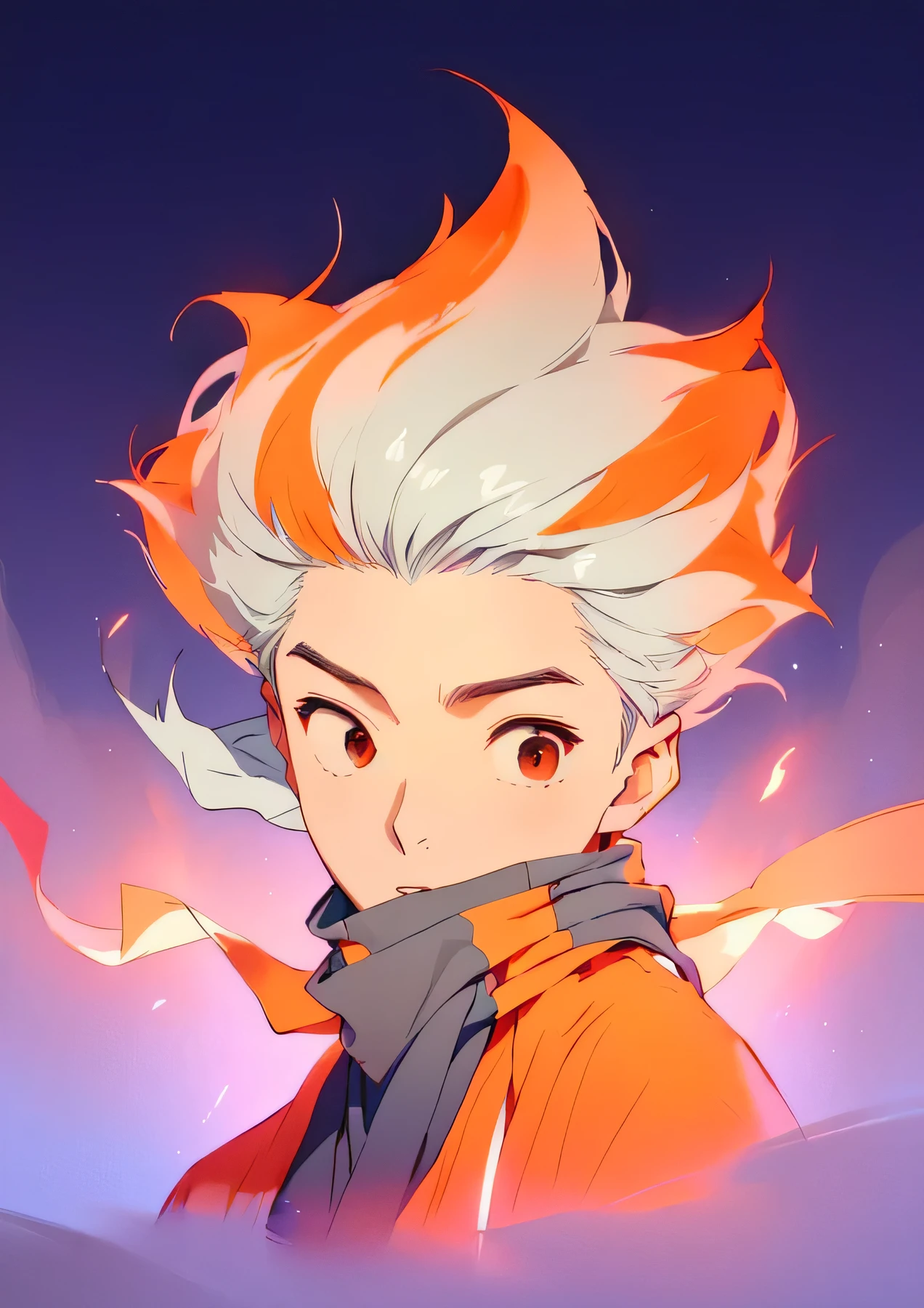 Mascot anthropomorphic Boys，exaggerate，Flame-shaped hair，Handsome face，Wearing a long gray scarf fluttering in the wind，Wearing an orange jumpsuit，White background，Upper Body，Boys，Normal human proportions，Convert this Q version to a normal-sized portrait