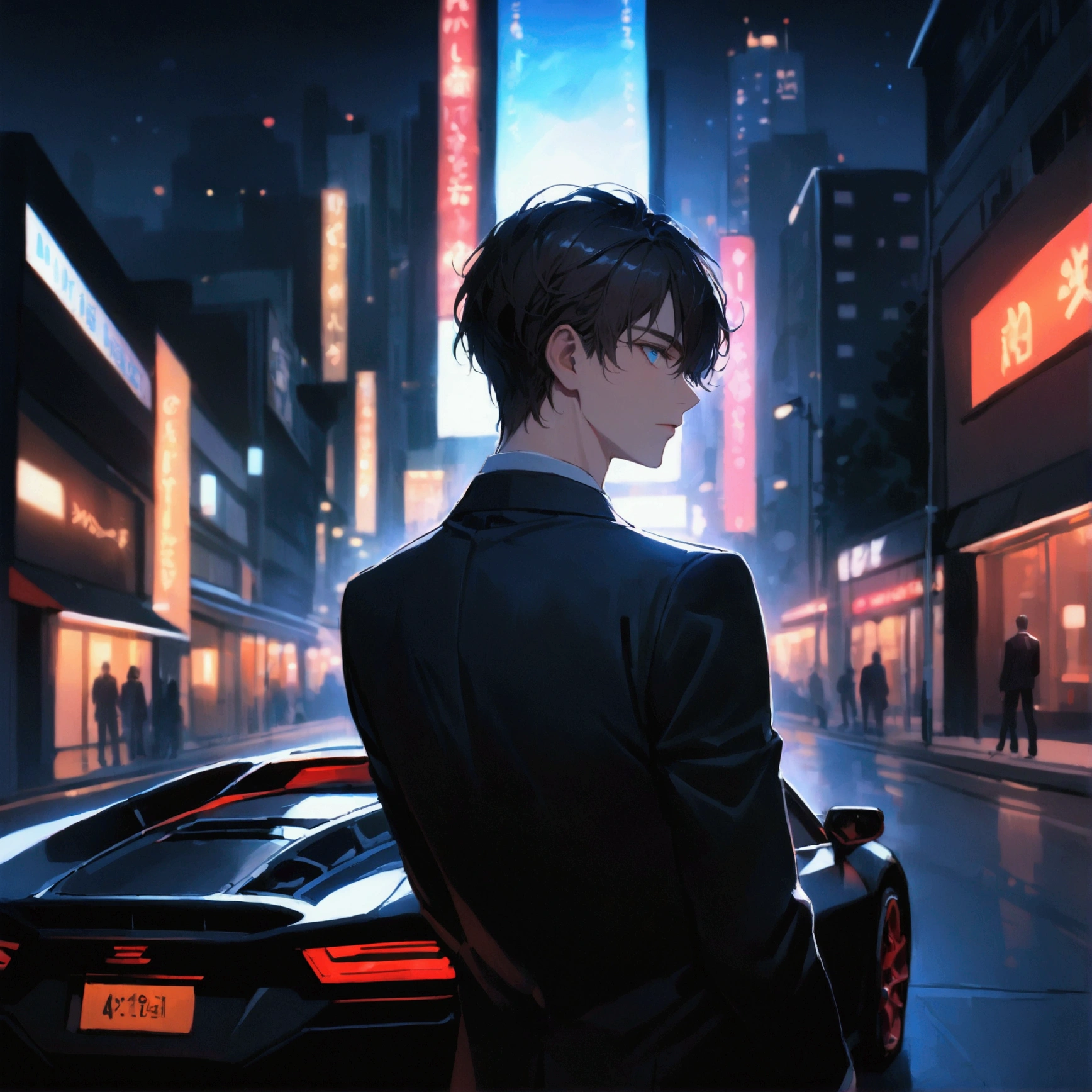 A young man with dark hair and blue eyes in a black suit turned his back and half his face in the middle of the city, leaning on a sports car at night.
