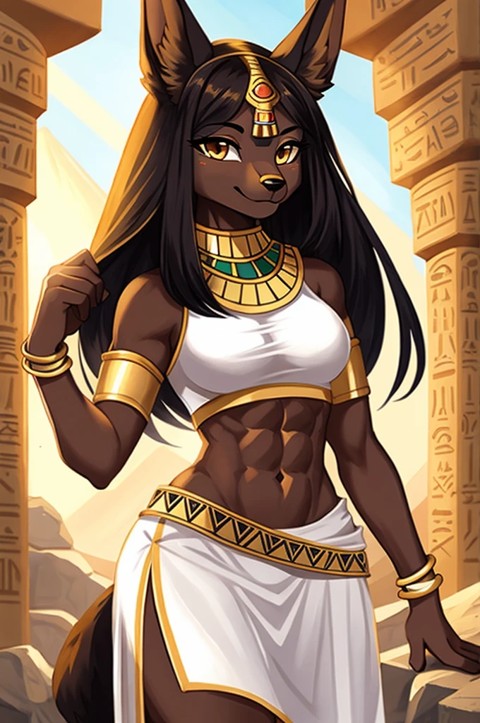 female tan anubis with rock hard abs wearing a crop top white sleeveless Egyptian dress with skirt, dog, anthro, female, digital art