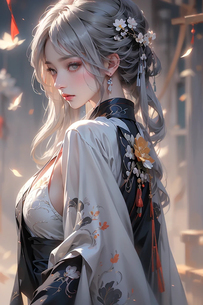 super high quality, masterpiece, Perfect illustration, Very detailed (Exquisite light and shadow, Very dramatic photo,Backlight) , ((Gray Hair:1.5))1 Girl,(( alone:1.6)), (Wearing Han clothes, Black and white Hanfu,Monotony,Long sleeve) Flower Field, Flowers, (White smoke:1.3) (Realistic:1.4), Zen Intertwining, Tangled, Official Art, unity 8k wallpaper, Very detailed, Beautiful and beautiful, masterpiece, Highest quality, (Dynamic Angle: 1.4), Glowing Skin, (Floating colorful flashes: 1) The most beautiful chaotic shapes, elegant, Brutalist Design, Bright colors, Romantic Depth of Field Exotic_dance, half_naked、(Separate sleeves:1.4, Expose your shoulders、Ample breasts、Beautiful cleavage).((from backside)).Dynamic pose