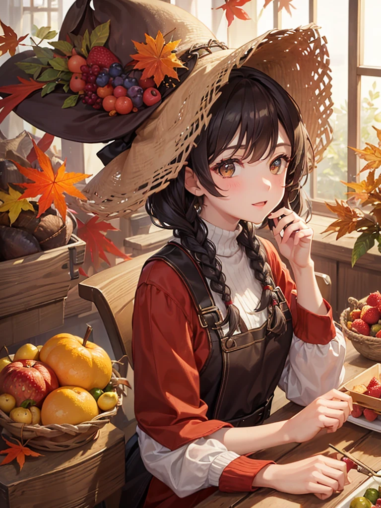 1 girl, Harvest-themed, with autumnal leaves, fruits, and a rich, earthy palette.
