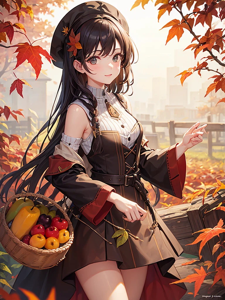 1 girl, Harvest-themed, with autumnal leaves, fruits, and a rich, earthy palette.