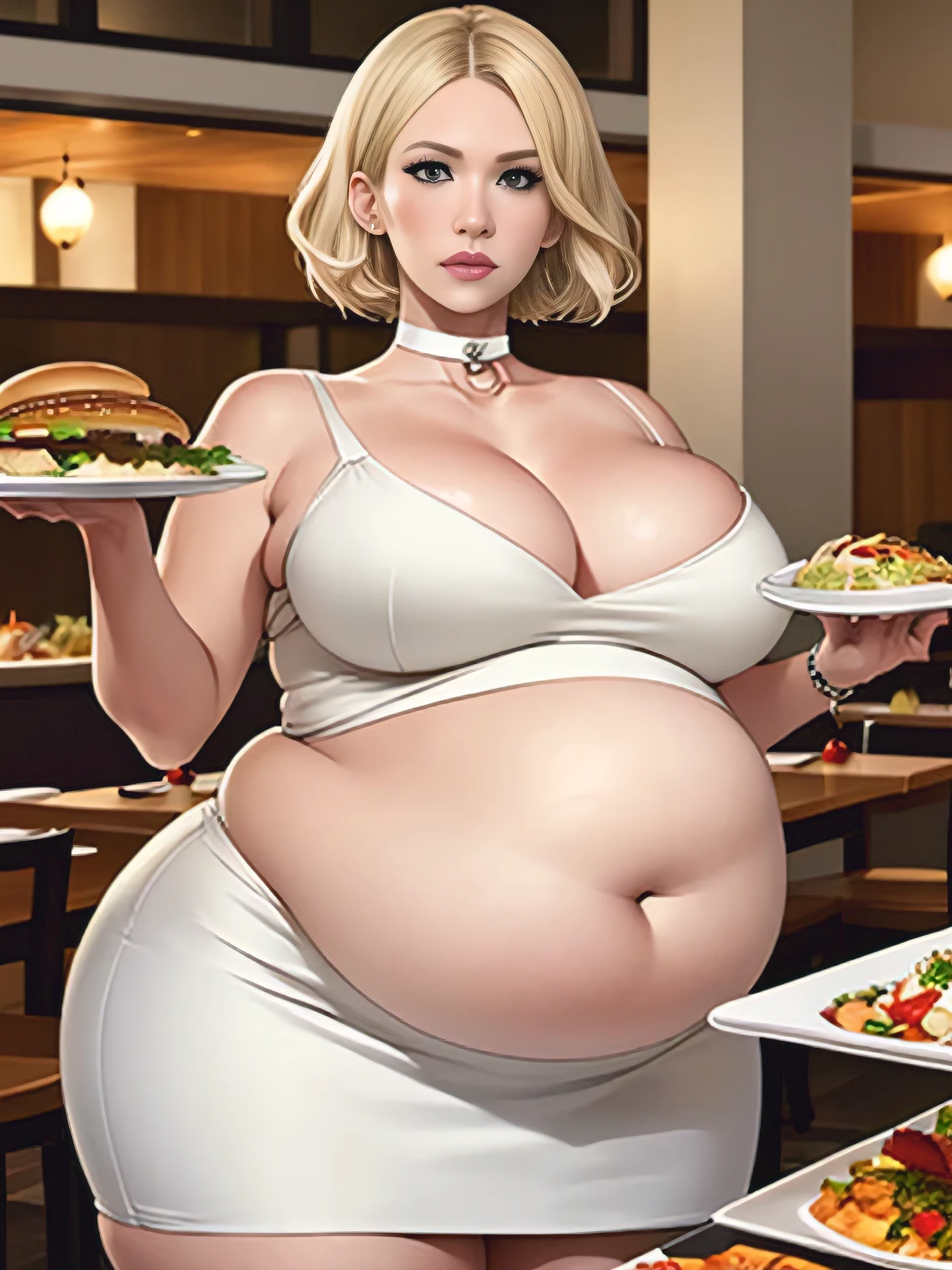 January Jones, masterpiece quality, (masterpiece quality:1.3), detailed, realistic, (realistic:1.3), in a busy restaurant, lots of food in background, food everywhere, buffet table in background, short hair, platinum hair, wearing white dress, (white dress:1.5), covered belly, short skirt, wearing choker collar, , (big breastsby body, chubby belly, (chubby belly:1.2),
