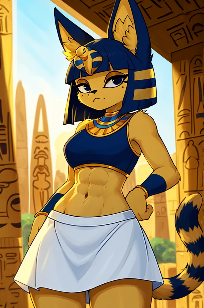 ((best quality)), ((masterpiece)), (detailed), a digital artwork of ankha with abs wearing a crop top of her white sleeveless dress with white long dress skirt, a bare midriff and a bare navel, Egyptian setting, tail, blue Egyptian handbands, furry, anthro style, 2d style