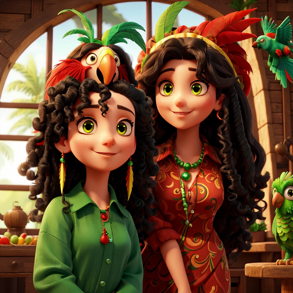 A woman with long black curly hair and green eyes facing a parrot with red feathers on her head.
The parrot is smiling with very big eyes