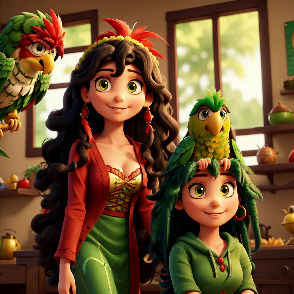 A woman with long black curly hair and green eyes facing a parrot with red feathers on her head.
The parrot is smiling with very big eyes  