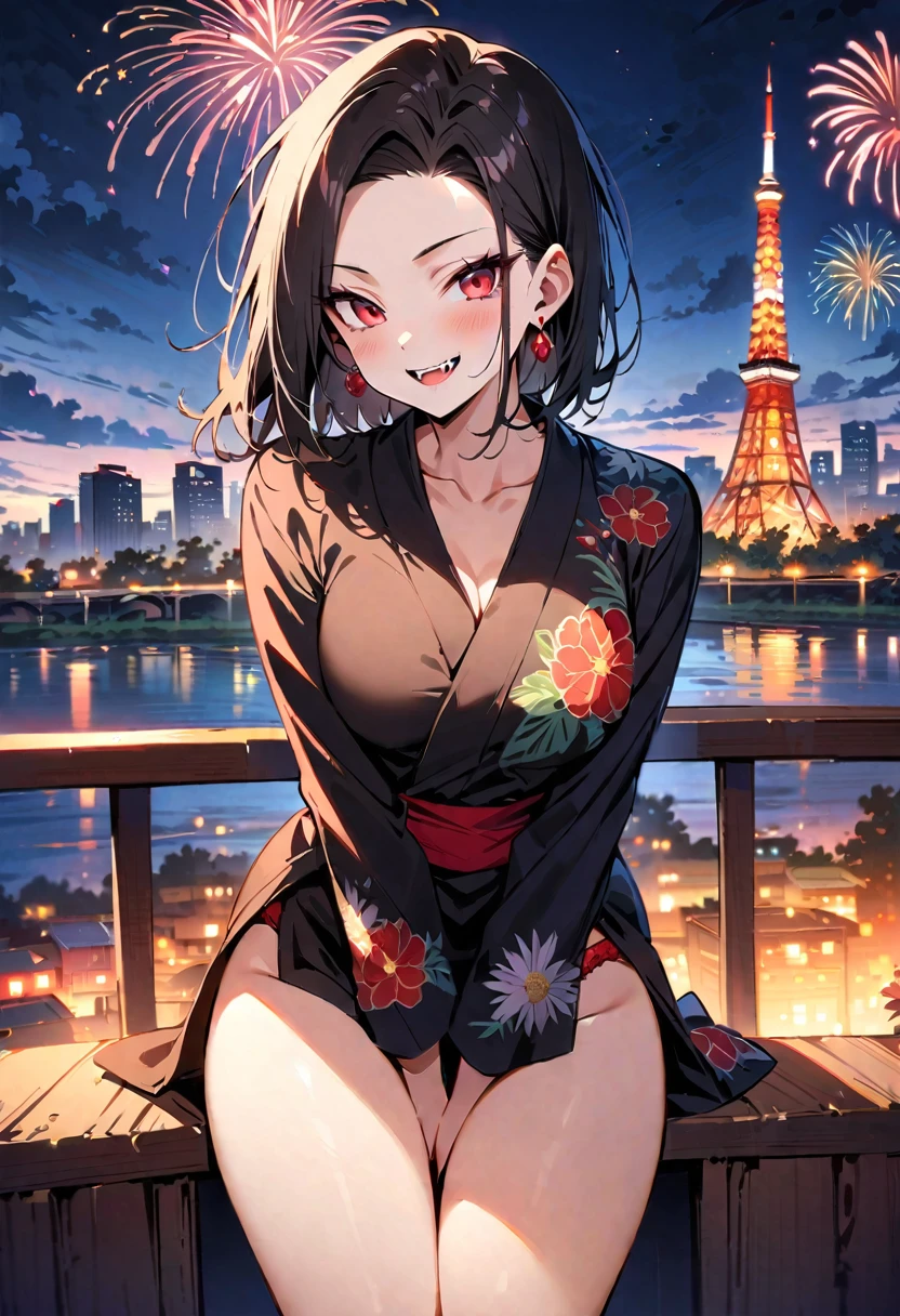 (masterpiece, best quality:1.2),1girl, (solo), Android 18 from Dragon Ball, ((floral print black kimono)), medium breasts, blunt bangs, black short hair, (red eyes), earrings on earlobes, slim, slender feminine figure, skinny body, blush, magnificent view, blur background, 4K, Tokyo Tower, firework, collarbone, (Kimetsu no Yaiba), Demon, looking at fireworks, riverside, thigh gap, red panties, fangs, arms between legs, evil smile,