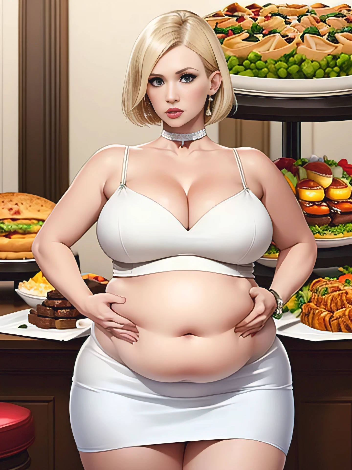 January Jones, masterpiece quality, (masterpiece quality:1.3), detailed, realistic, (realistic:1.3), in a busy restaurant, lots of food in background, food everywhere, buffet table in background, short hair, platinum hair, wearing white dress, (white dress:1.5), covered belly, short skirt, wearing choker collar, big breasts, (big breasts:1.2), chubby body, chubby belly, (chubby belly:1.2),