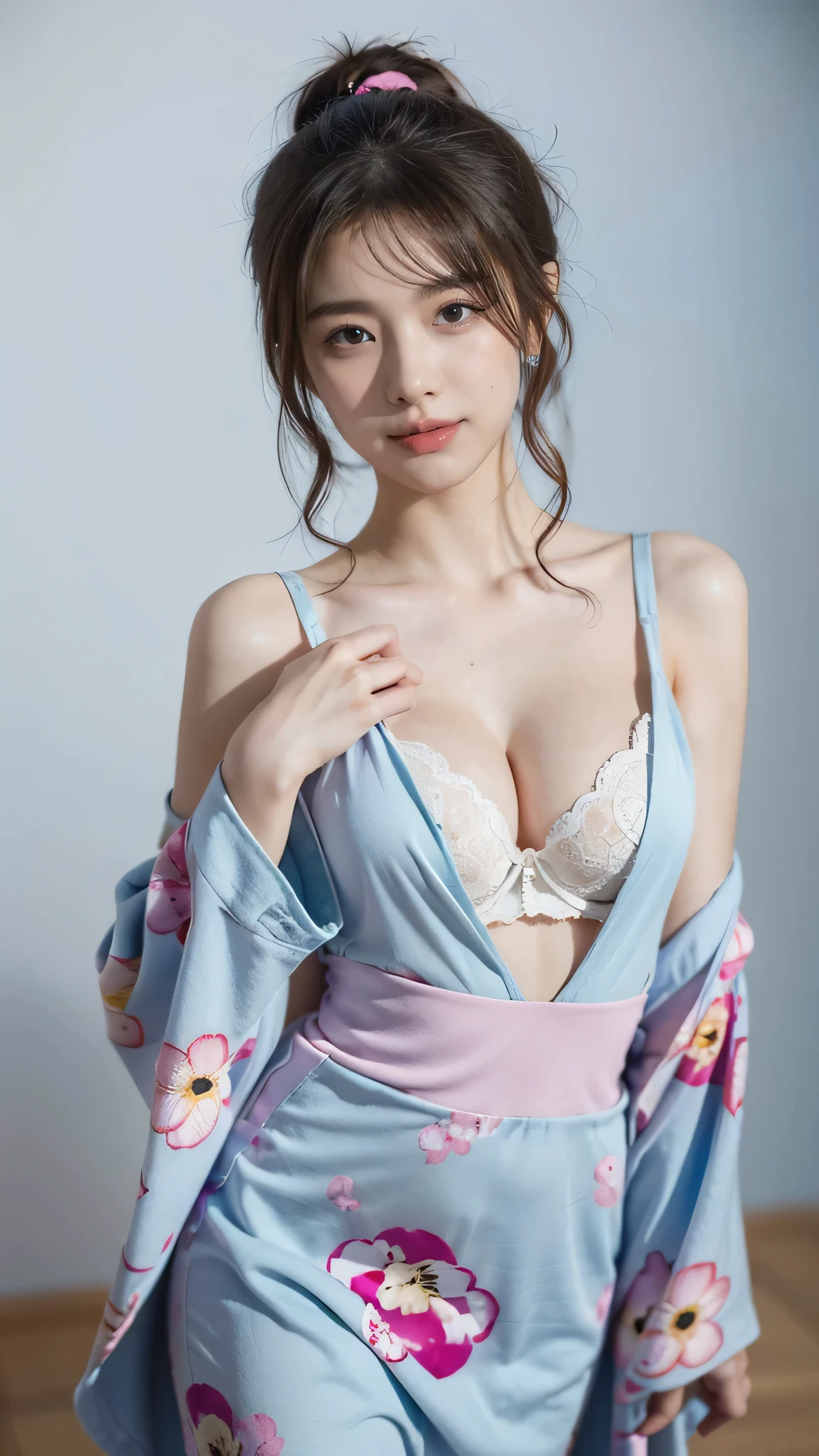 (8k, Raw, Top Quality, Masterpiece: 1.2), (Realistic, Photorealistic: 1.37), Ultra High Resolution, One Girl, Cute, Alone, View Alone, Top Quality, Masterpiece, 8k, droopy eyes, big breasts, beautiful breasts, plain background, showing breasts, white bra, light blue yukata, smiling, highly detailed face, highly detailed lips, double double eyelids, elaborate details and subtle sparkle, shoot her in a pose that reflects both elegance and confidence, enhance the visual effect with cinematic lighting. Use modern 2D design for the background, creating a beautiful, balanced composition. Enhance the scene with elements such as depth of field, bloom effects, and a touch of sparkle, adding a dreamy texture to the overall image. Pay close attention to detail