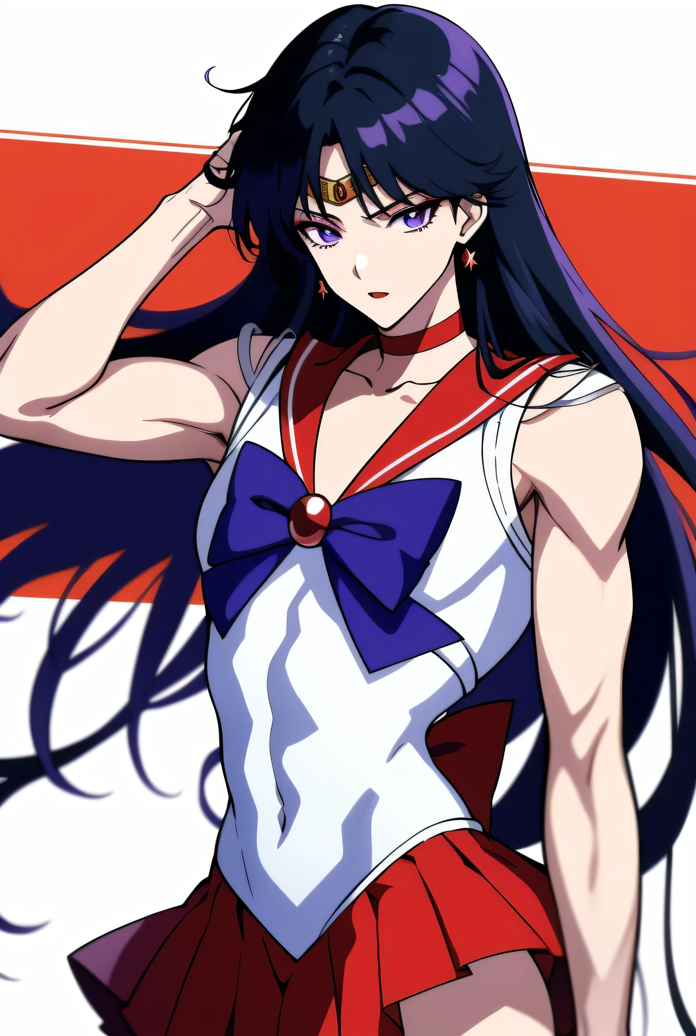Top quality anime art、masterpiece、High definition anime art、4Kstyle、High resolution、Sailor Mars as a male hero、Anime Boys、Cool Anime Boys、Sex change、Sex change(Girl to boy)、Sailor Warrior Uniform、Rei Hino、Male Body、solo、Red sailor collar、Blue bow tie、A boy with very long black hair、Flames around him、skirt、Magic Boy、Red choker、White leotard、High leg leotard、White Dress、traditional_stocking、fire、liparker_(medium)、Red Skirt、Neck、Upper Body、burning、Elbow Handbags、Wearing makeup、jewelry、A golden circlet on the forehead、Glaring、White gloves、eyelash、Red lipstick、They are mocking me.、muscular man、Flame、blue_bow、mini skirt、Pleated skirt、Bare shoulders、red_back_bow、Muscular and strong body、blue_bow_tie、Earrings、Purple eyed boy、Dark eyed boy、multicolored_background、covered_navel、Hymn to the King as a Prince、(1990s\(style\):0.9)、