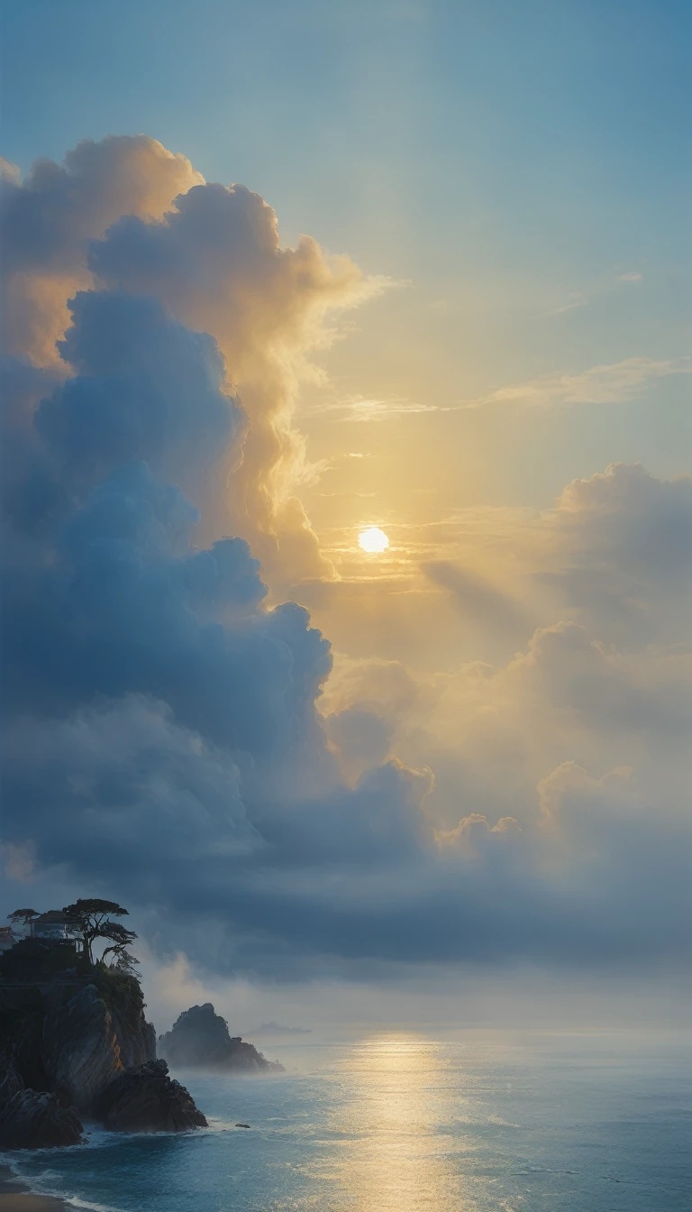 cloud,龍の形をしたcloud,Illuminated by the light of the setting sun ,Background sea,Foggy atmosphere,On-air lighting,薄いcloud,Smooth lines,Light blue and white shades,A serene and majestic sight,Amazing details,Artistic interpretation,Painting Style,masterpiece:1.2