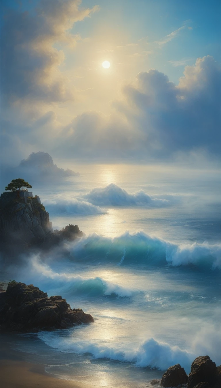 cloud,龍の形をしたcloud,Illuminated by the light of the setting sun ,Background sea,Foggy atmosphere,On-air lighting,薄いcloud,Smooth lines,Light blue and white shades,A serene and majestic sight,Amazing details,Artistic interpretation,Painting Style,masterpiece:1.2