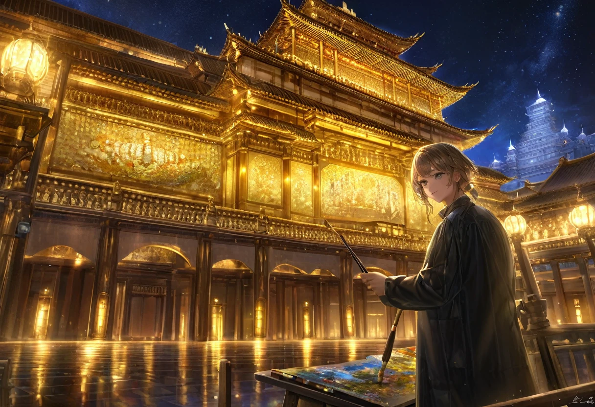 golden palace, gold lighting, riches, night, HDR, 4k resolution, (painting realistic : 1.3), (ultra high resolution: 1.0 ), (((best quality, 8 thousand, masterpiece:1.4))
