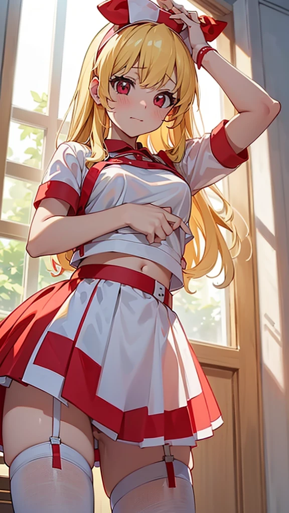 (Red ribbon on hairband:1.2),masterpiece, Highest quality, High resolution, One girl, alone, Blonde, Red eyes, High resolution, Good lighting, , (No nudity), (nurse,white nurse uniform,White shirt:1.3),(Open clothes:1.2),(Show your ass:1.2),(Skirt pulled:1.2),(White knee socks:1.1),,  (Looking Back), (((pointed_dss,From below))),, (((squat:0.7))), (garter belt), Abdominal area only, (),  ,  Cute face,blush with embarrassment, Humiliating, ((See-through))()(Thong)(A lot of stuff is attached to the body,)