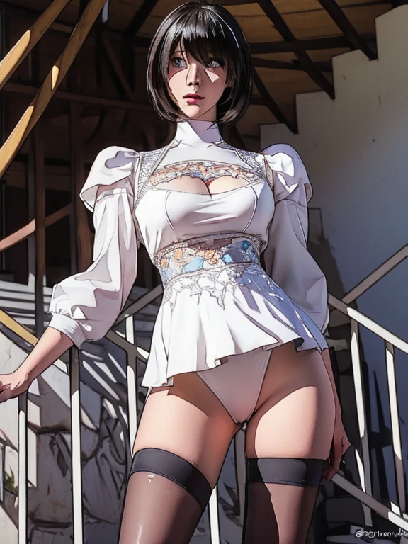 Highest quality, Official Art, masterpiece, Fabric Shading, High resolution, Very detailed, colorful, Best details, Fantasy, 2b, 1 female, Age 25, Black Hair, short hair, Up Bang Hair, One Length, Highest quality, Official Art, masterpiece, Fabric Shading, High resolution, Very detailed, colorful, Best details, Fantasy, Combat Uniform,1 female, Age 25, Standing on the stairs, A castle town with an old castle view, sunny, Random Hair, Large Breasts, skinny, Surrounded by a lot of people:1.9, Confetti falling, Blessed, Welcomed:1.5, Camel Toe:1.3, Ground Level Shot:,