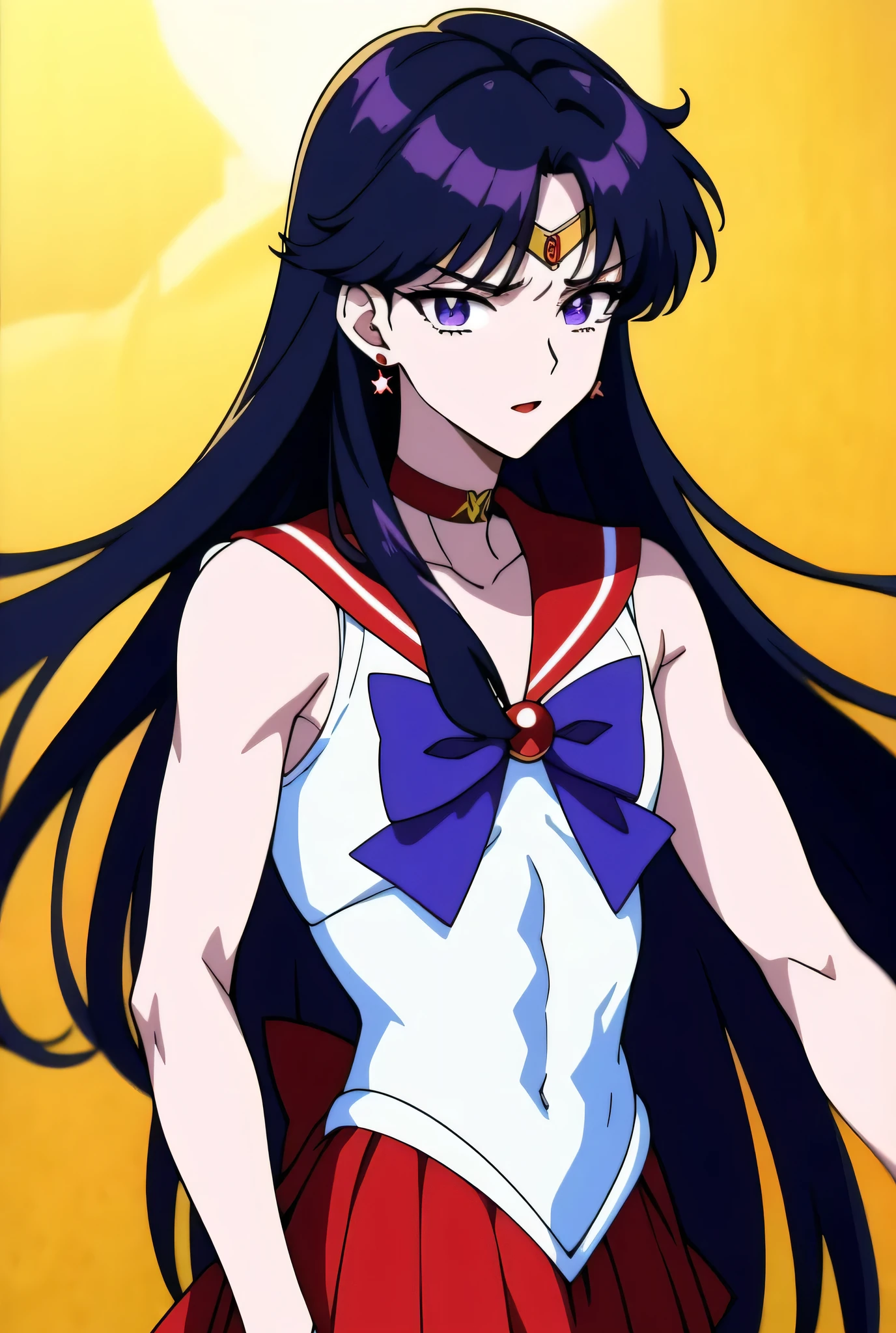 Top quality anime art、masterpiece、High definition anime art、4Kstyle、High resolution、Sailor Mars as a male hero、Anime Boys、Cool Anime Boys、Sex change、Sex change(Girl to boy)、Sailor Warrior Uniform、Rei Hino、Male Body、solo、Red sailor collar、Blue bow tie、A boy with very long black hair、Flames around him、skirt、Magic Boy、Red choker、White leotard、High leg leotard、White Dress、traditional_stocking、fire、liparker_(medium)、Red Skirt、Neck、Upper Body、burning、Elbow Handbags、Wearing makeup、jewelry、A golden circlet on the forehead、Glaring、White gloves、eyelash、Red lipstick、They are mocking me.、muscular man、Flame、blue_bow、mini skirt、Pleated skirt、Bare shoulders、red_back_bow、Muscular and strong body、blue_bow_tie、Earrings、Purple eyed boy、Dark eyed boy、multicolored_background、(male body:1.3)、covered_navel、Hymn to the King as a Prince、(1990s\(style\):0.9)、