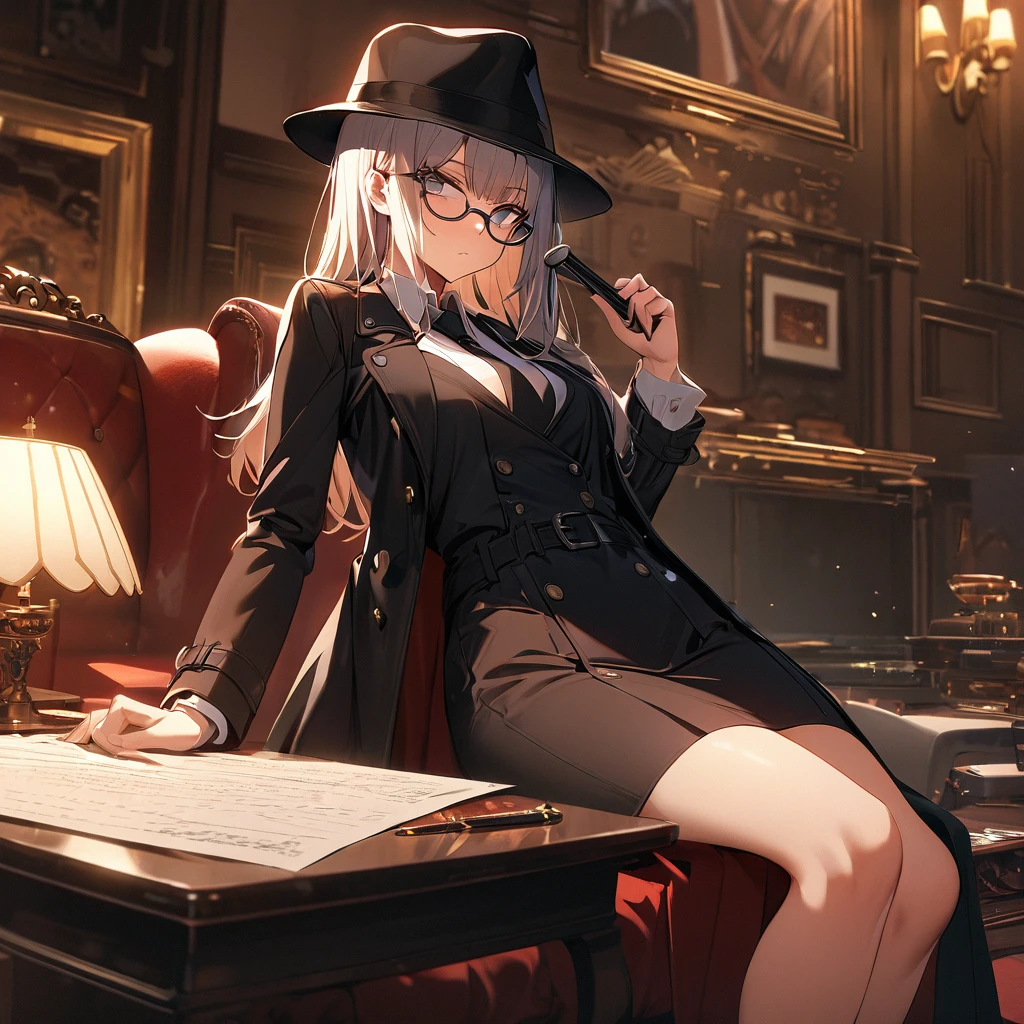 masterpiece, best quality, 8k,1 girl ( black trench coat, suit, skirt, fedora, glasses, cross-legged, sitting on sofa, necktie, right hand hold magnifier:1.2, serious), ( table, papers on table ), window, ofice background,