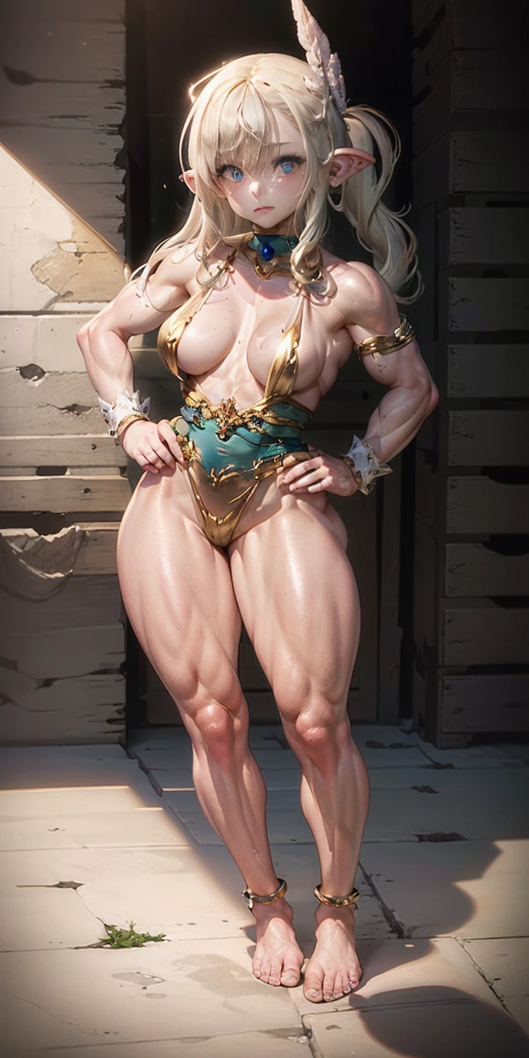 Scenary: Plain background Character: Solo Female elf: Body, full body toe to head: Tall and slim with an hourglass figure Toned and muscular physique Slender abs Perfect anatomy (hands on hips, good hands, best hands)