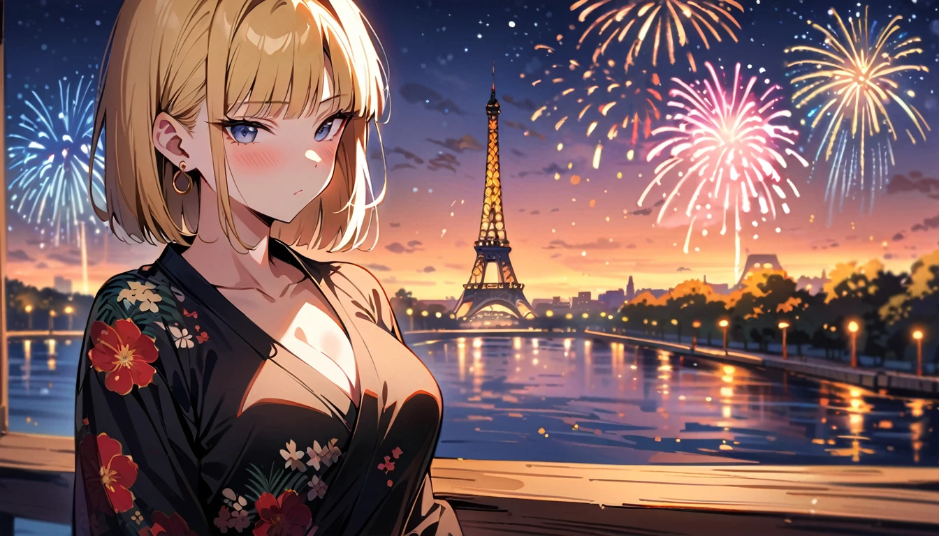 (masterpiece, best quality:1.2),1girl, (solo), Android 18 from Dragon Ball, ((floral print black kimono)), medium breasts, blunt bangs, blonde short hair, black eyes, earrings on earlobes, slim, slender feminine figure, skinny body, blush, magnificent view, blur background, 4K, the Eiffel Tower, firework, collarbone, looking at fireworks, riverside,