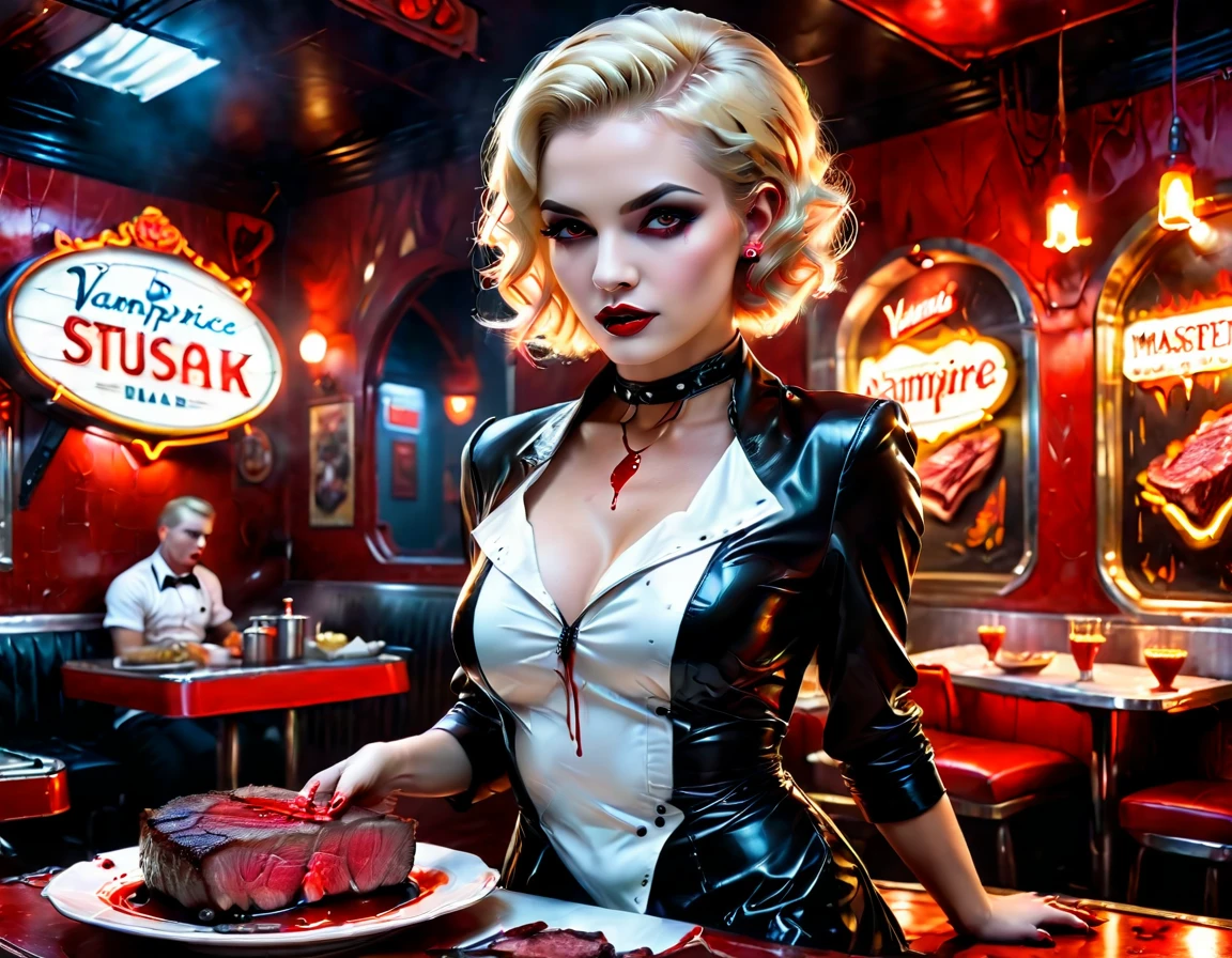 a 3D digital painting picture of extremely (beautiful female vanpire:1.3) ((serving a big juicy raw steak: 1.3)) on a tray, dripping blood in a goth American diner, an exquisite beautiful female (vampire:1.3), (full body: 1.3) ultra feminine ultra detailed face, blond hair, short hair, red lips, red eyes, glowing eyes, wearing sexy white seductive latex dress, serving a goth diner American kitchen background, full body dynamic angle, , award winning, best quality, high quality, high details, highres, vibrant, Ultra-high resolution, High Contrast, (masterpiece:1.5), highest quality, Best aesthetics, best details, best quality, highres, ultra wide angle, 16k, [ultra detailed], masterpiece, best quality, photorealistic, 3D rendering,