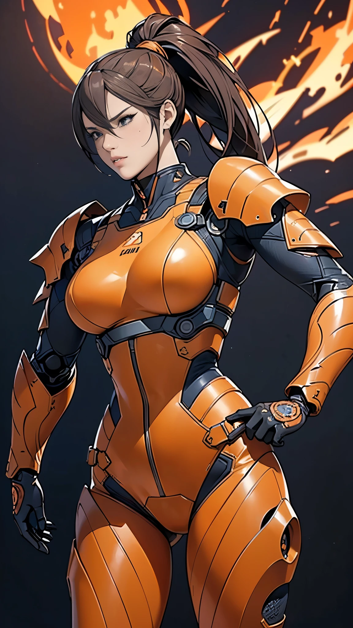 (masterpiece:1.2, Highest quality,High resolution,Very detailed),8K,wallpaper,(Very detailed),(Concept Art),(Armored Core Style),Woman in ninja robot armor,ponytail,(Fire Ninja),(Orange body),(Detailed face:1.3),(Detailed body:1.3),((Cowboy Shot)),(((The background is a blazing flame)))