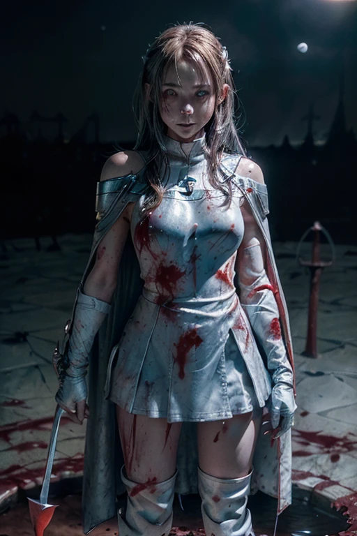 8k,(asuna(Star): 1.6),A girl, Alone,(perfect anatomy:1.43), (medium hair:1.55) ,(Half up:1.45),hits, Brown eyes,fine eyes,(sad smile:1.3),white thighs,(Brown hair:1.6),blood soaked boots,(18 years:1.5),whole body,(fusion of bloody white silver full plate armor and blood soaked long cape:1.63),(bare shoulders:1.5),(mini skirt:1.26),(holding a rapier soaked in blood:1.43),(Standing on the blood pool battlefield of the moonlit night.:1.52),Fancy,(blood effect:1.53),to throw,eye level view,(drop shadow:1.21)