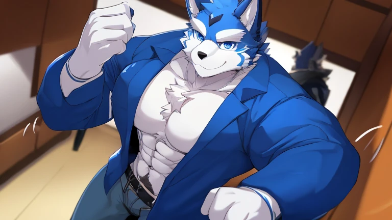 bynamic angle,depth of field, motion blur, absurdres,looking at viewer, (best quality), (masterpiece), (ultra detailed),(detailed eyes),sharp focus,manga,anthro male Blue Wolf,(muscular),Huge body chest , own pet kitty ,sky blue eyes,handsome jacket blue technology city gray pants