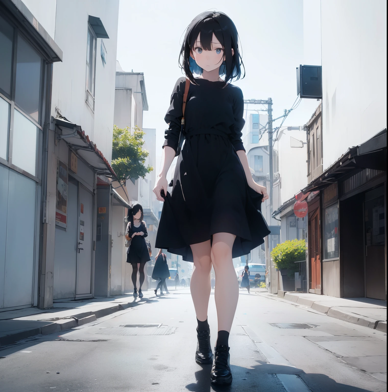 (((colorful))), high resolution, city street, bustling urban environment, (vibrant blue sky:1.3), (clear separation of sidewalk and street:1.3), (bustling city atmosphere with pedestrians and vehicles:1.2), bright daylight, early summer, pedestrians in background, young woman walking, (black hair:1.5), long straight black hair, (looking down:1.2), slightly hunched posture, (flowy summer dress:1.3), (cute A-line dress:1.2), soft fabric, knee-length skirt, feminine style, (soft and airy appearance:1.2), pastel colors, (floral pattern:0.8), slender figure, thoughtful expression, hint of melancholy, introspective mood, (Minimal exposure:2.0)