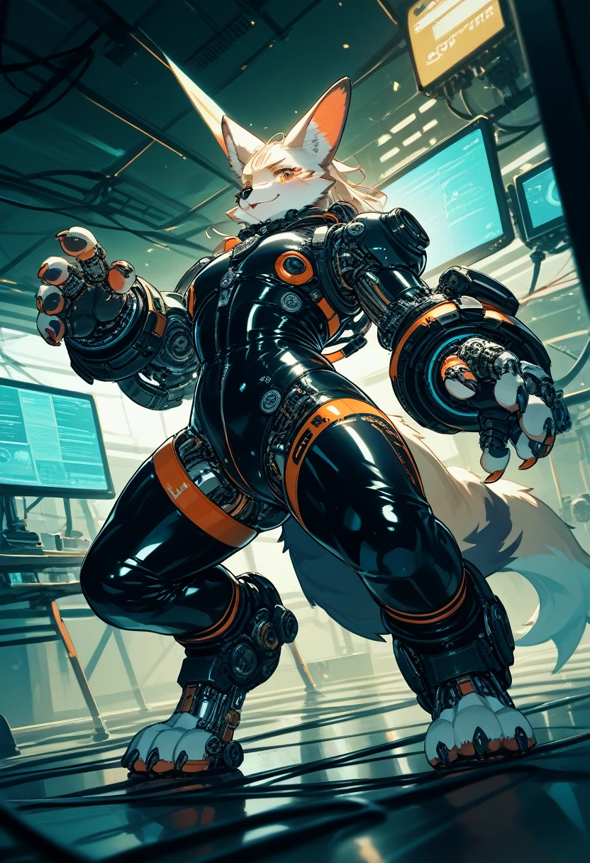 , score_9,score_8_up,score_7_up, (The ultra-detailed)、8K、(Very noble and beautiful))、Cinematic Light、((1 Mechanical anthropomorphic feline girl, Kat, blonde hair in a ponytail, pink nose, :3, silver fur, )) black ceramic body、luminescent android blue eyes, black sclera 、(Mechanical joint:1.4)、((Mechanical limb)), (Mechanical spine attached to the back))、((Mechanical cervical vertebrae attached to neck))、(Wires and cables attached to the head and body:1.5)、 neon details、Science fiction、full body shot, The background is Cyberpunk City、close up