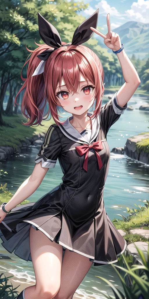 (masterpiece), Highest quality, (((Super detailed, 8K quality))), Official Art,Expressive eyes, Perfect Face, Perfect Anatomy, Perfect body, scene, One girl, alone, ribbon, Hair between the eyes,Redhead,Red eyes,Side Ponytail,Black knee socks,dress, bow, ribbon,, hair ribbon, nature, river, forest,bloom, Tilt your head, Panties in full view,Dutch Angle, (((peace sign)))