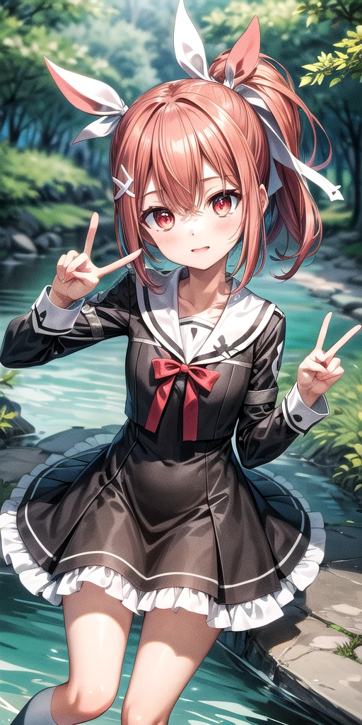 (masterpiece), Highest quality, (((Super detailed, 8K quality))), Official Art,Expressive eyes, Perfect Face, Perfect Anatomy, Perfect body, scene, One girl, alone, ribbon, Hair between the eyes,Redhead,Red eyes,Side Ponytail,Black knee socks,dress, bow, ribbon,, hair ribbon, nature, river, forest,bloom, Tilt your head, Panties in full view,Dutch Angle, (((peace sign)))