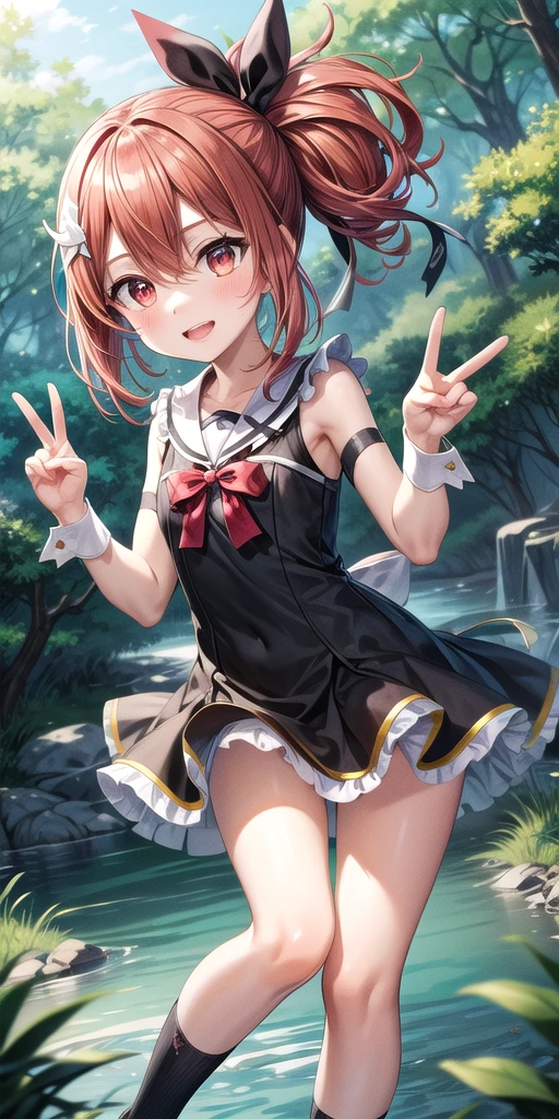 (masterpiece), Highest quality, (((Super detailed, 8K quality))), Official Art,Expressive eyes, Perfect Face, Perfect Anatomy, Perfect body, scene, One girl, alone, ribbon, Hair between the eyes,Redhead,Red eyes,Side Ponytail,Black knee socks,dress, bow, ribbon,, hair ribbon, nature, river, forest,bloom, Tilt your head, Panties in full view,Dutch Angle, (((peace sign)))