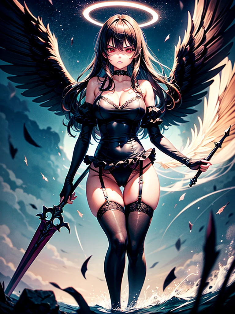 Highest quality,Highest Resolution,Beautiful girl with angry face in gothic lolita leotard,Frills,High leg,(((Floating in the air))),Halo,Night Sky,Severe lightning strike,Thick Lightning,Very beautiful red eyes,rain,(((Black angel wings on the back))),whole body,front,Purple long hair,In hand1with two big spears,Knee-high stockings,garter belt,Floating in the air,darkness,