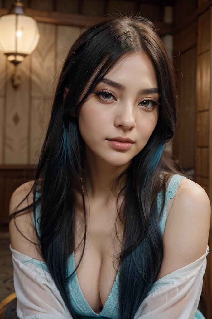 A girl with long blue hair. Her face is exquisite, with high cheekbones and smooth fair skin. Her large black eyes, framed by long thick eyelashes, are impressive and expressive, radiating calmness and confidence. Well-defined eyebrows curve gracefully above her eyes, adding intensity to her gaze. She has a small, straight nose and full, slightly parted lips that curve into a slight smile, revealing hints of mischief and allure. Woman beauty, manhwa style, a lot of details, good detailing, beautiful makeup, jewelry, crystal and precious stone jewelry, anime eyelashes, full lips, serene expression, cover manga, different colors in clothes, stylish looks, Feudal Japan, full view, various light sources, hairstyle, color hair, premium, textured. Aesthetic. ArtStation. Trending on ArtStation. Colorful.