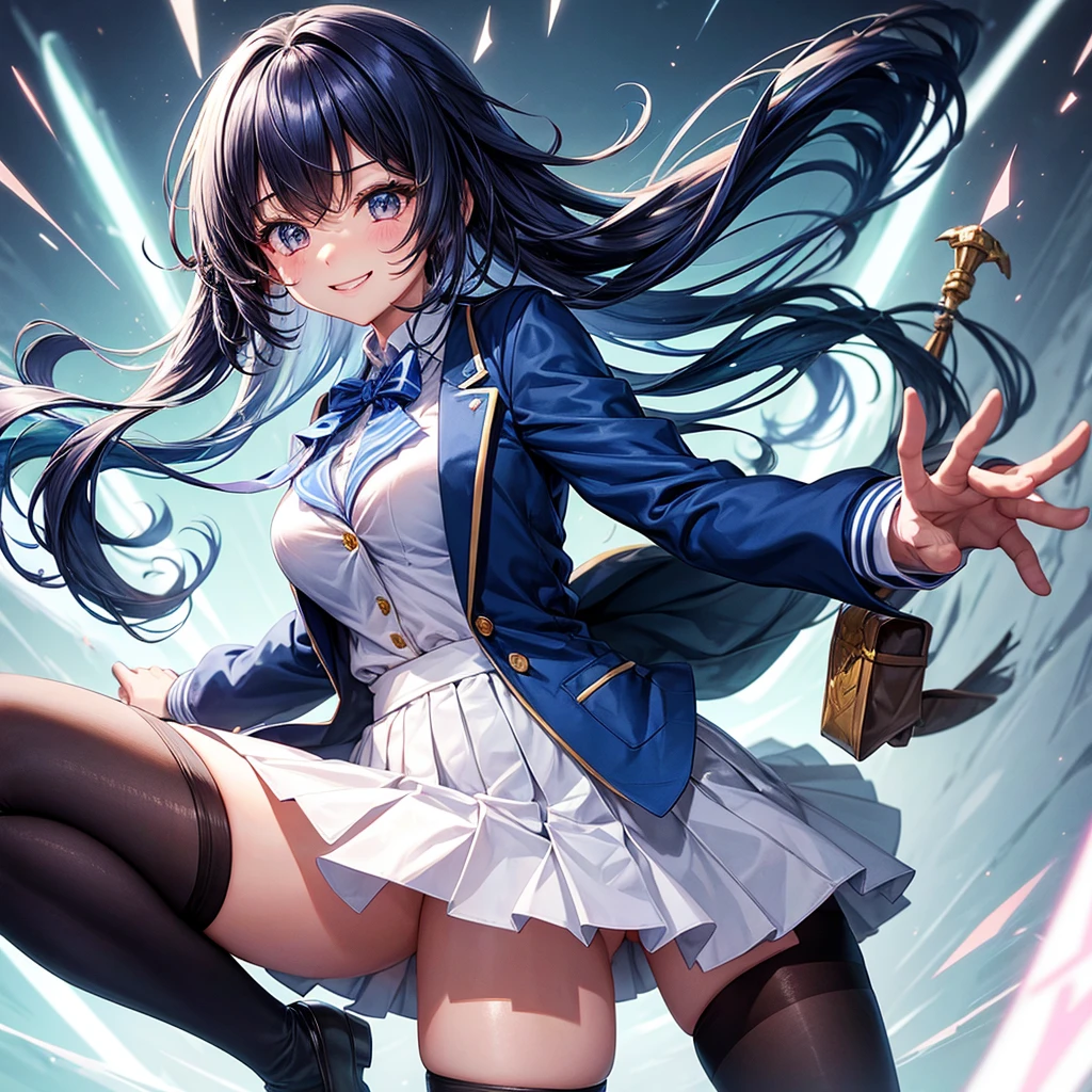 Best Quality， girls，Superpowered girl，Ice User，Wind Charmer，smile，Highest quality，Big Breastulti-colored hair，Cute uniform，She has her bangs down，blazer，Academy，future，cardigan，Beautiful girls，Horny girl，Naughty Girlasterpiece，perfection，Long Hair，tights，perfectionに描かれている