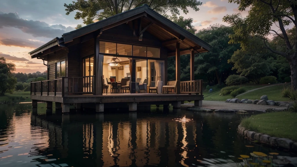 a small modern wooden bungalow by a pond, balcony over the water, detailed architecture, beautiful scenic landscape, serene atmosphere, (best quality,4k,8k, highres,masterpiece:1.2),ultra-detailed,(realistic,photorealistic,photo-realistic:1.37),HDR,UHD,studio lighting,ultra-fine painting,sharp focus,physically-based rendering,extreme detail description,professional,vivid colors,landscape,cinematic lighting,moody atmosphere